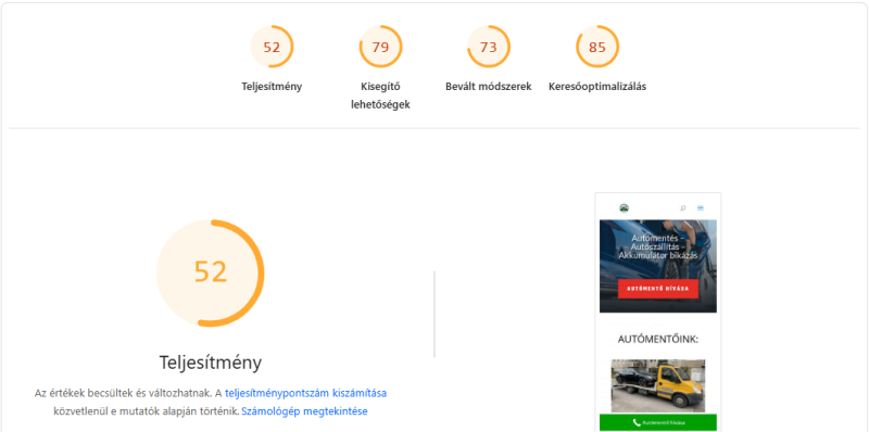 Nem optimalizált weboldal - lassú betöltés, alacsony pontszám